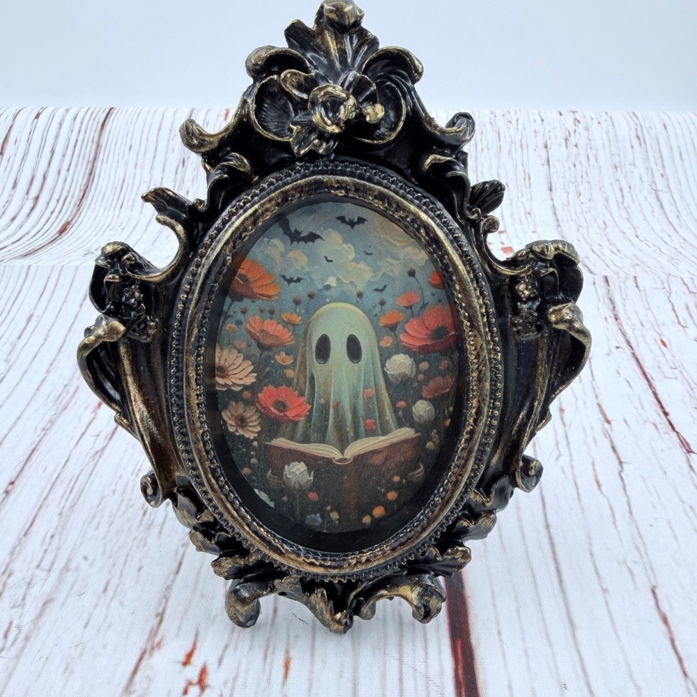 Gothic Ghost Reading Book Decoupage Art Ornate Resin Frame Handmade